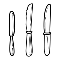 Set table knife for meat hand drawn doodle. Utensil for eating food. Cutlery. Tableware. Kitchenware. Butter knife. Dining table setting. Vector sketch line art illustration.