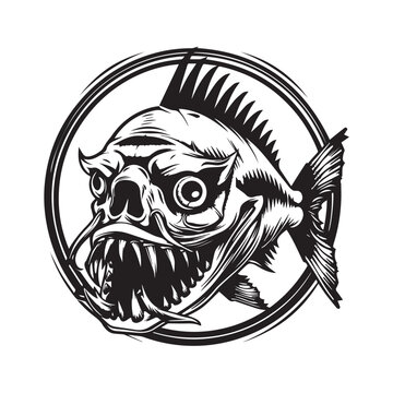 recommend clip art: scary monster fish piranha fine details stamp black isolated on white logo tattoo style swimming in water high quality vector for print tee shirt 