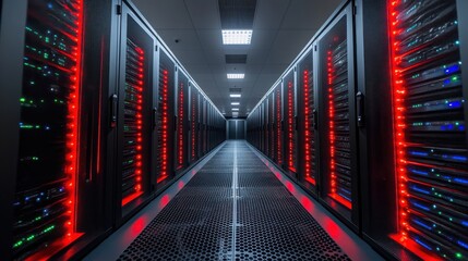 Fototapeta premium A long hallway lined with server racks illuminated with red lights.