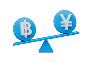 3d White Baht And Yen Symbol On Rounded Blue Icons With 3d Balance Weight Seesaw, 3d illustration

