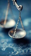 Close-up of antique balance scales resting on a blue background, symbolizing justice and fairness.
