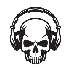 skull with headphones headset earphones smiling scary stylish black isolated on white vector logo tattoo style sticker stamp icon for tee shirt high quality print business music industry