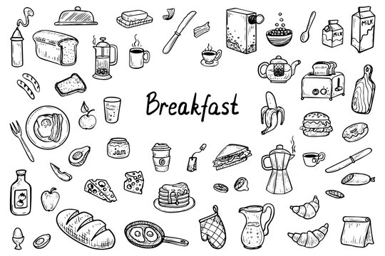 Breakfast food set hand drawn doodle. Ingredients, drinks, utensils for morning meal. Eggs, pancakes, fruits, bread, butter, coffee, juice. Glass, plate, fork. Vector sketch line art illustration.