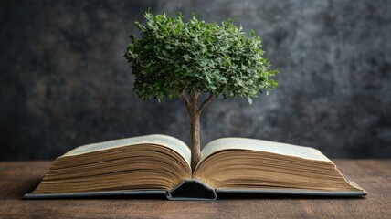 Tree growing from open book, symbolizing knowledge and growth