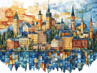 Fototapeta premium Finland, Charming European town with colorful buildings and water reflections