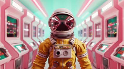 futuristic astronaut in vibrant yellow suit stands in retro inspired space station filled with colorful arcade machines. scene evokes sense of nostalgia and adventure. 
