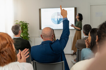 Interactive SWOT analysis presentation diverse business team engagement question answering strategy meeting professional development