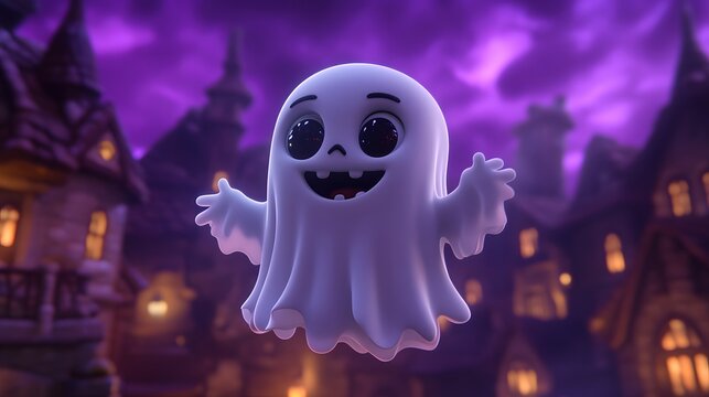 Adorable 3D ghost dressed as a vampire, floating against a purple haunted sky