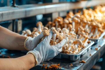 Fototapeta premium Mushrooms Production Line, Food Industry, Working on Automated Production Lines in Mushroom Factory