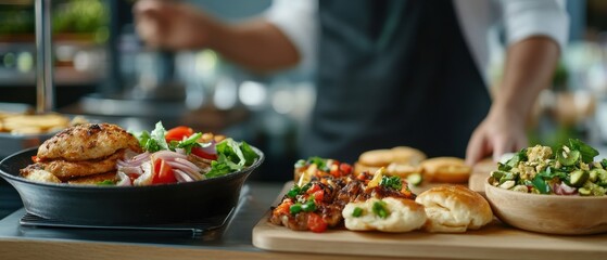 Delicious assortment of cooked dishes on display, showcasing vibrant salads and baked goods, ready to be served.