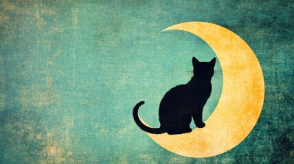 Silhouette of black cat sitting on yellow crescent moon against textured teal background