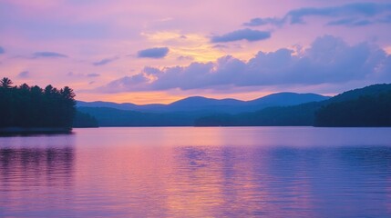 A scenic view of a lake with mountains in the background as the sun sets, casting a beautiful purple and pink glow across the water.