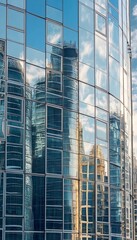 Modern Glass Skyscraper Facade, Reflecting Cityscape, Clouds, Blue. Architecture, Urban Geometry
