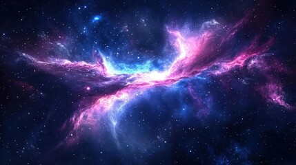 A stunning nebula with swirling clouds of pink and blue gas, scattered with bright stars against a dark blue background.