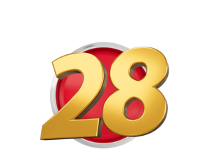 Gold Number 28 Gold Number Twenty Eight On Rounded Red Icon, 3d illustration
