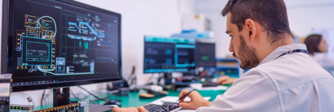 Embedded systems lab with engineers designing and testing hardware-software integration on microcontrollers with copy space