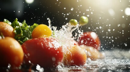 Fresh fruits and vegetables splashing in water, vibrant colors, dynamic motion, healthy eating and cooking.