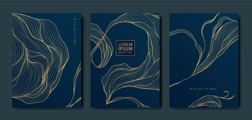 Vector set of gold luxury floral leaf cards, abstract beauty plant design, nature cover. Wedding, menu, birthday flyer, vintage invitation