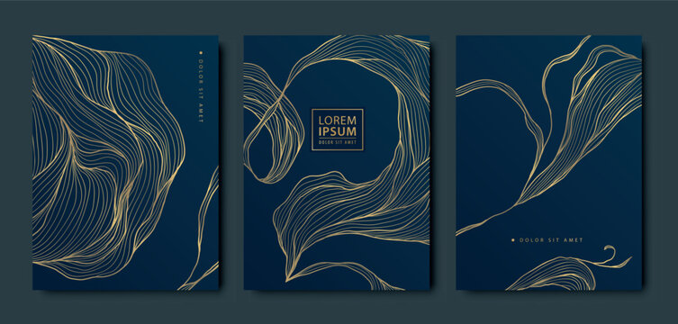 Vector set of gold luxury floral leaf cards, abstract beauty plant design, nature cover. Wedding, menu, birthday flyer, vintage invitation