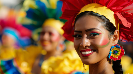 Smiling woman in colorful carnival costume with bright makeup