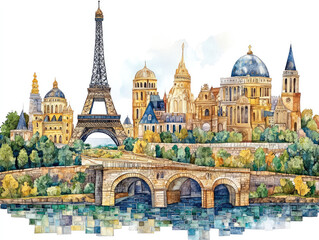 Naklejka premium Iconic Paris landmarks with Eiffel Tower and bridge reflections 