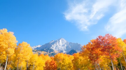 Fototapeta premium towering mountain peak, autumn scenery with vibrant fall colors, Generative AI