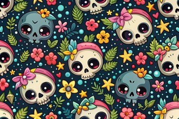 Naklejka premium Cute Gloomy Cartoon Skull Seamless Pattern for Fashion and Gift Wrapping, Perfect for T-Shirts and Boxers