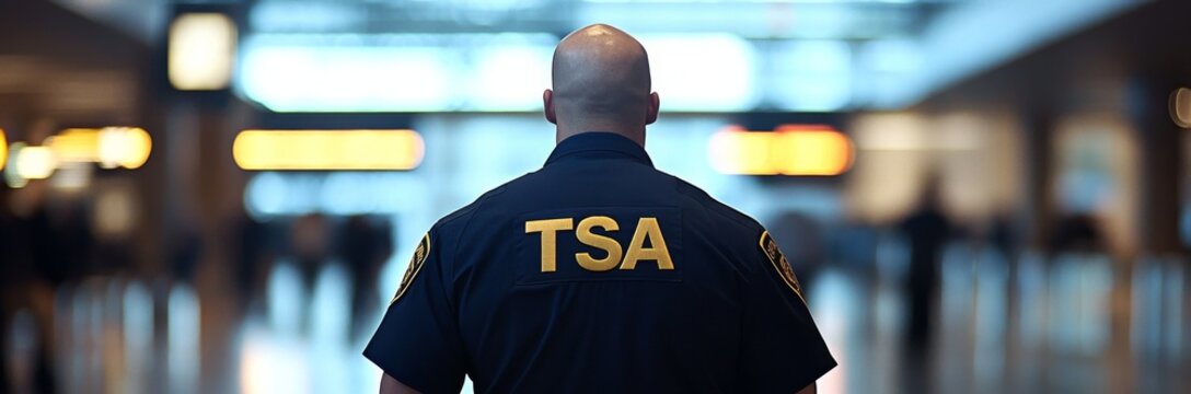TSA Security Guard in Blue Uniform at Airport Terminal with Bald Head and Gold Accents, Low Angle Shot
