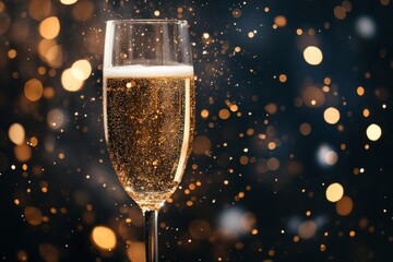 Joyous new year gathering featuring bubbly wine, dazzling sparkles, shimmering gold, and cheerful confetti
