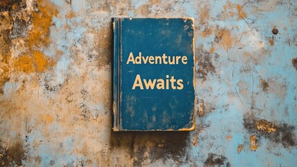 Worn book titled "Adventure Awaits" on textured blue and beige background
