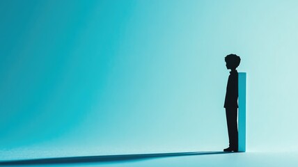 Silhouette of person standing against wall in minimalist, blue background