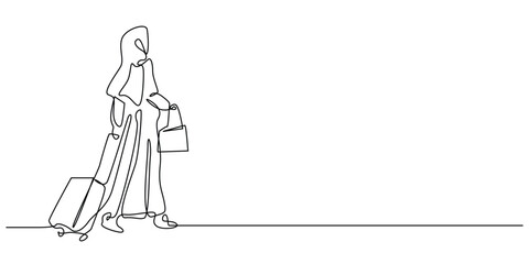 one continuous line drawing of muslim woman on vacation.one line drawing of hijab woman with suitcase.one line vector travel of muslim woman.single line vector illustration