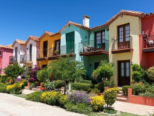 Fototapeta premium Charming colorful homes with vibrant terraced gardens creating a picturesque neighborhood scene.
