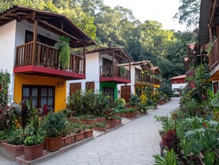 Fototapeta premium Charming colorful homes with vibrant terraced gardens creating a picturesque neighborhood scene.