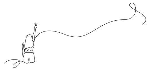 one continuous line drawing of woman raising both fingers up.one line drawing of woman facing back raising two fingers.single line vector illustration.isolated white background