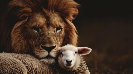 Fototapeta premium A lion and a lamb lying peacefully together, symbolizing peace and harmony.