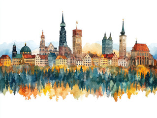 Obraz premium German city skyline with iconic landmarks and reflections 