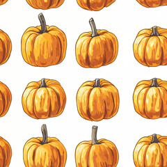 Seamless pattern of orange pumpkins on white background. Hand-drawn illustration.