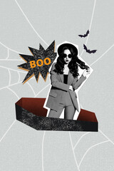 Vertical photo collage of creepy girl wear fangs dracula alive open casket ritual halloween party...