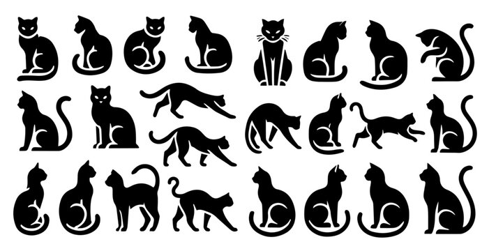 Set of black and white cat icons in various poses, depicting different movements and actions