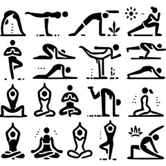 Collection of black and white yoga pose icons featuring various postures and exercises