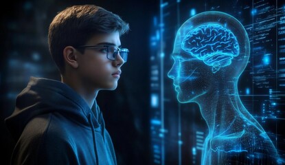 Serious young man in hoodie and glasses standing in front of futuristic interface with blue light, representing a human head.