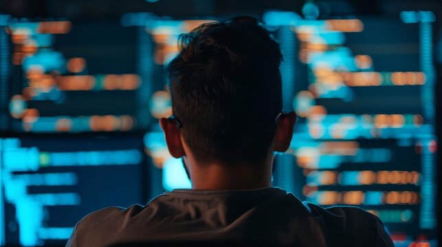 Rear view of a programmer working late at night, focused on his code.