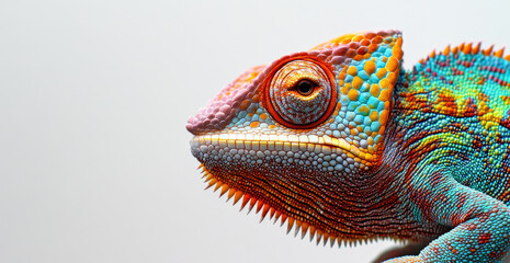 Obraz premium Colorful chameleon with vibrant scales close-up on plain background