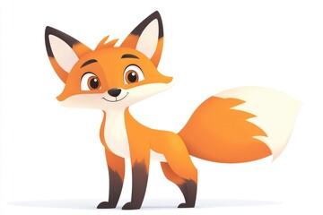 Obraz premium A bright orange cartoon fox stands playfully on a white background