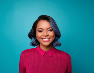 Fototapeta premium Headshot Portrait of a Smiling Woman with Contemporary Style, Isolated on Color Background with Ample Copy Space