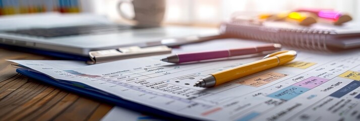Fototapeta premium Risk management plan on a table, featuring risk assessments, mitigation strategies, and contingency plans with copy space