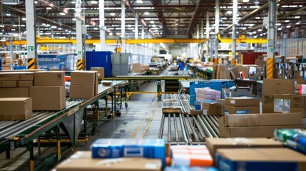 Fototapeta premium Reverse logistics center with returned products being inspected, sorted, and processed for resale or recycling with copy space