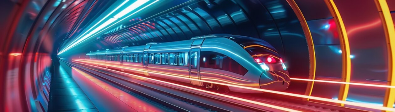 Retrofuturistic train traveling through a neonlit tunnel, blending 1950s design with hyperloop technology