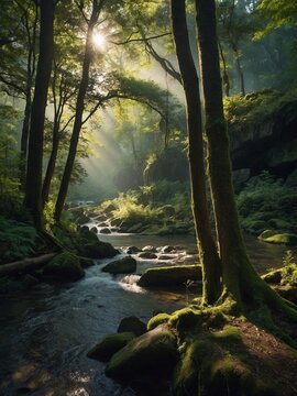 Lush green forest in the morning with sunlight coming through the canopi